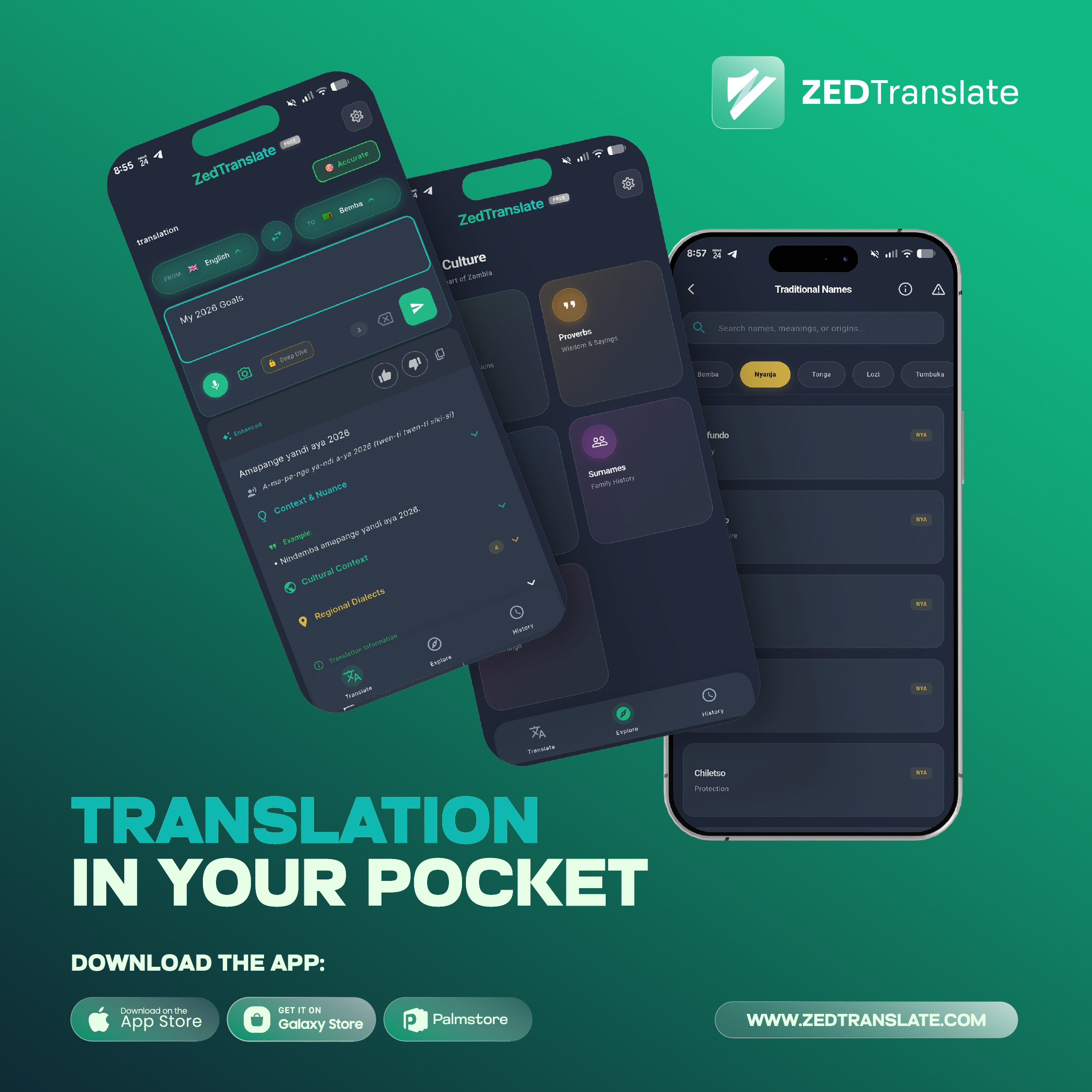 ZedTranslate app showing Bemba greeting translation - Happy Zambian woman
